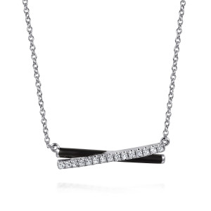 Gabriel & Co. NK7446E8SVJWS sterling silver Contemporary necklace, front view of the crossed bars, one lined with stones and one filled with glossy black enamel