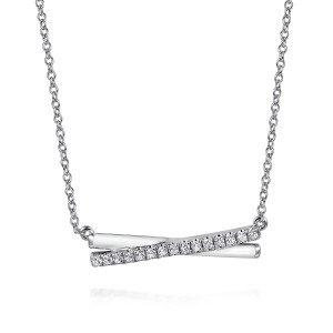 Gabriel & Co. NK7446E9SVJWS sterling silver Contemporary necklace, front view of the crossover bar with the white enamel strip beneath a row of stones