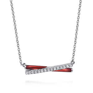 Gabriel & Co. NK7446EOSVJWS sterling silver Contemporary necklace, front view of the crossing bars, the red enamel bar and the row of stones over it
