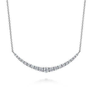 Gabriel & Co. NK7450W45JJ 14 karat white gold Lusso necklace, front view of the crescent bar with its graduated round diamonds in prongs