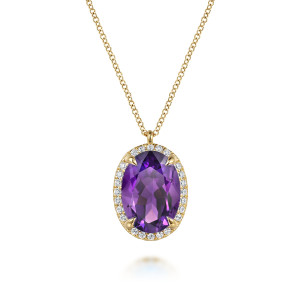Gabriel & Co. NK7459Y45AM 14 karat yellow gold Color necklace, front view of the purple oval stone, its four prongs and the halo of round stones