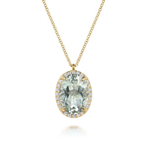 Gabriel & Co. NK7459Y45GA 14 karat yellow gold Color necklace, front view of the pale green oval stone, its prongs and the halo of diamonds around it