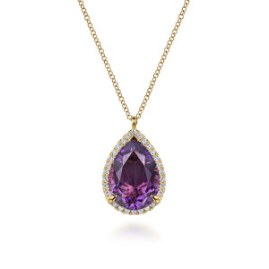 Gabriel & Co. NK7460Y45AM 14 karat yellow gold Color necklace, front view of the pear shaped purple stone, its halo row and the narrow upright bail