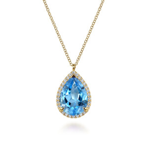 Gabriel & Co. NK7460Y45BT 14 karat yellow gold Color necklace, front view of the pear shaped blue stone, its diamond edging and the narrow bail