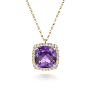 Gabriel & Co. NK7463Y45AM 14 karat yellow gold Color necklace, front view of the purple cushion stone, corner prongs and halo of diamonds