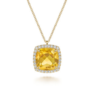 Gabriel & Co. NK7463Y45CT 14 karat yellow gold Color necklace, front view of the cushion stone with its checkerboard facets, four prongs and diamond halo