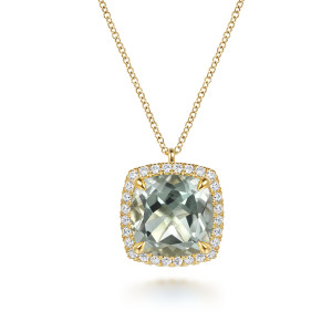 Gabriel & Co. NK7463Y45GA 14 karat yellow gold Color necklace, front view of the pale green cushion stone with four corner prongs and a diamond halo