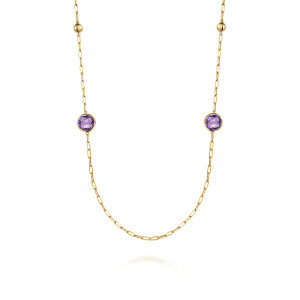 Gabriel & Co. NK7465-32Y4JAM 14 karat yellow gold Bujukan necklace, front view of the paperclip chain with round purple stones in rims and polished metal beads