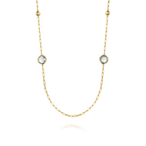 Gabriel & Co. NK7465-32Y4JGA 14 karat yellow gold Bujukan necklace, front view of the paperclip links, a bead above and a faceted bezel stone below