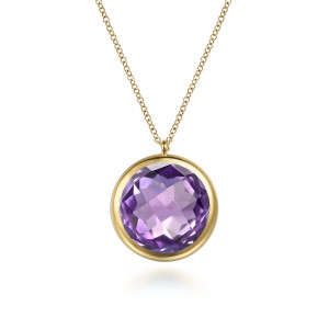 Gabriel & Co. NK7466Y4JAM 14 karat yellow gold Color necklace, front view of the round purple stone in its smooth bezel with a bail ring