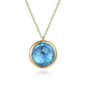 Gabriel & Co. NK7466Y4JBT 14 karat yellow gold Color necklace, front view of the round bezel, checkerboard facets on the blue stone and a tube bail