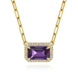 Gabriel & Co. NK7468Y45AM 14 karat yellow gold Color necklace, front view of a sideways rectangular purple stone with claw prongs and a diamond halo