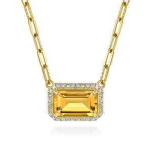 Gabriel & Co. NK7468Y45CT 14 karat yellow gold Color necklace, front view of the rectangular stone, corner prongs and paperclip links