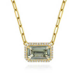 Gabriel & Co. NK7468Y45GA 14 karat yellow gold Color necklace, front view of the sideways pale green stone, its four corner prongs and the paperclip links