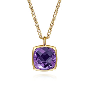 Gabriel & Co. NK7469Y4JAM 14 karat yellow gold Color necklace, front view of the purple cushion stone, its bezel, upright bail and oval chain links