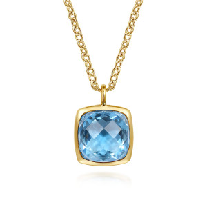 Gabriel & Co. NK7469Y4JBT 14 karat yellow gold Color necklace, front view of a blue cushion shaped faceted stone in a smooth polished bezel