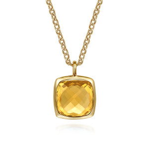 Gabriel & Co. NK7469Y4JCT 14 karat yellow gold Color necklace, front view of the checkerboard faceted amber toned stone in its polished bezel and bail