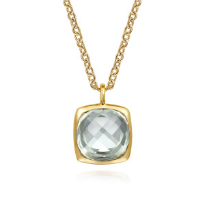 Gabriel & Co. NK7469Y4JGA 14 karat yellow gold Color necklace, front view of a pale green checkerboard cut stone in a smooth rounded square bezel