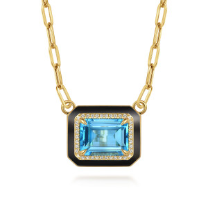 Gabriel & Co. NK7471E8Y45BT 14 karat yellow gold Color necklace, front view of the blue step cut stone, its diamond row and the paperclip links beside the enamel