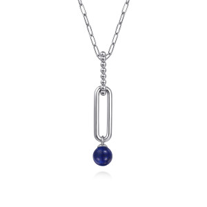Gabriel & Co. NK7477SVJLP sterling silver Bujukan necklace, close detail of the beaded stem, open elongated link and round blue bead