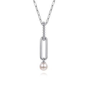 Gabriel & Co. NK7477SVJPB sterling silver Bujukan necklace, front view of the bead column, open oval link and round pearl drop