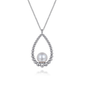 Gabriel & Co. NK7478SVJPB sterling silver Bujukan necklace, front view of the open beaded teardrop with the pearl cradled at its rounded base
