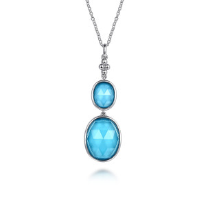 Gabriel & Co. NK7479-24SVJXT sterling silver Bujukan necklace, front view of both blue ovals, their faceted tops and the bead cluster above