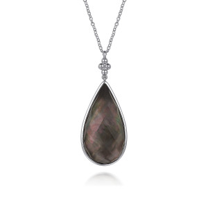 Gabriel & Co. NK7480-24SVJXB sterling silver Bujukan necklace, front view of the faceted pear stone and the clover cluster of metal beads above it