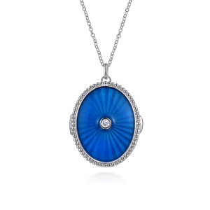 Gabriel & Co. NK7481-24SVJWS sterling silver Bujukan necklace, front view of an oval blue enamel face with fine rays and a beaded rim