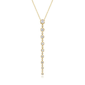 Gabriel & Co. NK7488Y45JJ 14 karat yellow gold Lusso necklace, front view of the straight drop, large diamonds alternating with tiny spacers down to the tip