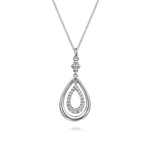 Gabriel & Co. NK7495SVJWS sterling silver Bujukan necklace, front view of the nested teardrops hung below a clover of metal beads