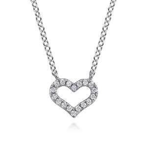 Gabriel & Co. NK7496W45JJ 14 karat white gold Lusso necklace, front view of the open heart outline with its line of prong set diamonds