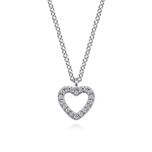 Gabriel & Co. NK7497W45JJ 14 karat white gold Lusso necklace, front view of an open heart outline edged with a row of small diamonds on a loop bail