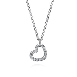 Gabriel & Co. NK7498W45JJ 14 karat white gold Lusso necklace, front view of the tilted open heart, its diamond outline and the plain loop bail