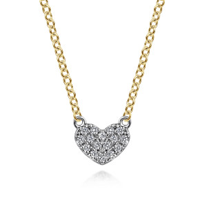 Gabriel & Co. NK7499M45JJ 14 karat white and yellow gold Lusso necklace, front view of the upright pave heart linked to the chain at both top lobes