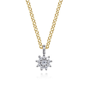 Gabriel & Co. NK7501M45JJ 14 karat white and yellow gold Lusso necklace, close detail of the starburst cluster, its pointed prongs and the smooth loop above it