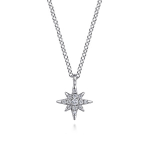Gabriel & Co. NK7502W45JJ 14 karat white gold Lusso necklace, front view of the pointed star with diamonds across its middle and bare ray tips