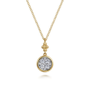 Gabriel & Co. NK7512M45JJ 14 karat white and yellow gold Bujukan necklace, front view of the plain rimmed pave disc below its clover shaped bead cluster