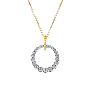 Gabriel & Co. NK7518M45JJ 14 karat white and yellow gold Bujukan necklace, front view of the open circle of graduated stones in rounded mounts below a beaded bail