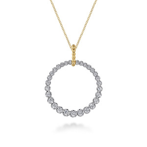 Gabriel & Co. NK7519M45JJ 14 karat white and yellow gold Bujukan necklace, front view of the open diamond ring and its stacked bead bail