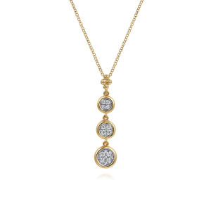 Gabriel & Co. NK7522M45JJ 14 karat white and yellow gold Bujukan necklace, front view of three graduated pave discs hanging below a cluster of metal beads