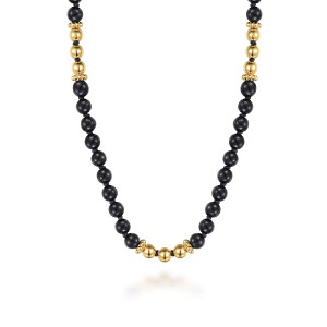 Gabriel & Co. NK7525Y4JOX 14 karat yellow gold Bujukan necklace, front view of black beads with metal bead groups between ruffled spacer caps
