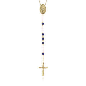 Gabriel & Co. NK7534-26Y4JLP 14 karat yellow gold Bujukan necklace, front view of the oval medal, the drop of blue beads and the beaded cross