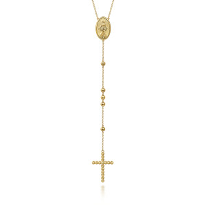 Gabriel & Co. NK7535-26Y4JJJ 14 karat yellow gold Bujukan necklace, front view of the oval medal, the spaced beads and the bead cross
