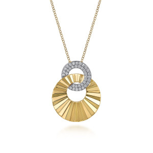 Gabriel & Co. NK7555M45JJ 14 karat white and yellow gold Contemporary necklace, front view of the ridged disc linked through the pave ring on a fine chain
