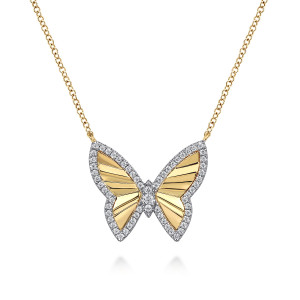 Gabriel & Co. NK7557M45JJ 14 karat white and yellow gold Contemporary necklace, front view of a butterfly with fluted wings and a pave diamond frame around each wing