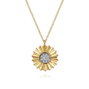 Gabriel & Co. NK7558M45JJ 14 karat white and yellow gold Contemporary necklace, front view of the pointed pleated pendant around its central stone cluster