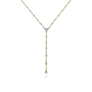 Gabriel & Co. NK7560M45JJ 14 karat white and yellow gold Contemporary necklace, front view of the Y drop with diamonds growing larger toward its tip