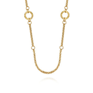 Gabriel & Co. NK7569-32Y4JJJ 14 karat yellow gold Contemporary necklace, front view of ridged open circles joined by small plain rings into round links
