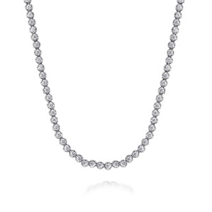 Gabriel & Co. NK7577W45JJ 14 karat white gold Lusso necklace, front view of the continuous line of round diamonds in flared rounded settings